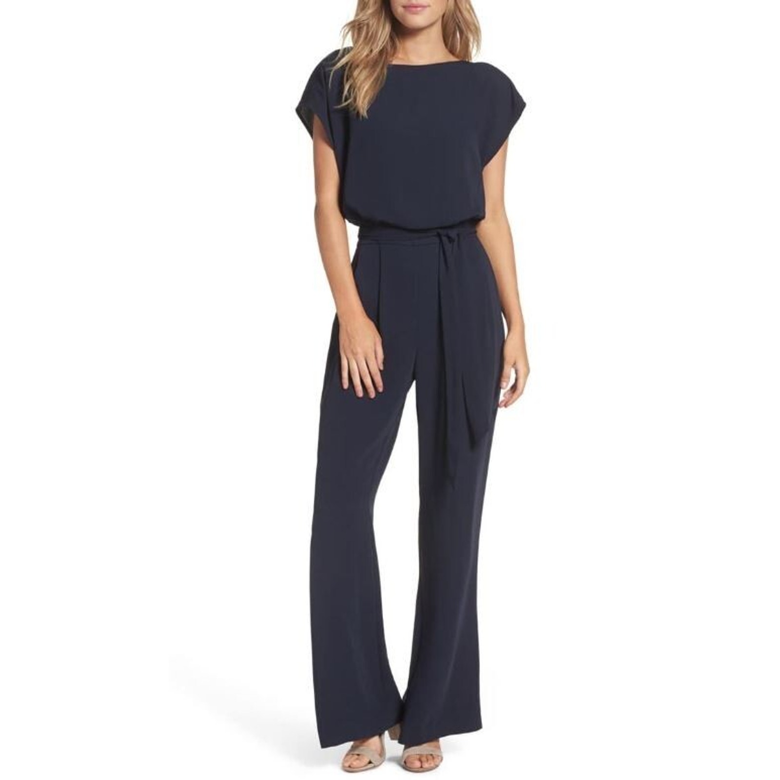 Eliza J Women's Cap Short Sleeve Wide Leg Jumpsuit In Navy Size 0 Msrp $137